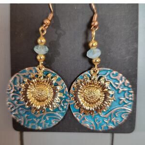 Boho Sunflower Dangle Earrings Gold Tone Turquoise Beaded Drop Jewelry Gift Bag
